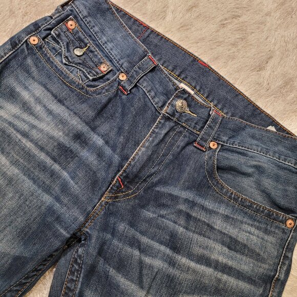 True Religion Mens Bootcut Jeans Sz 34 Whiskered Blue - Picture 2 of 12